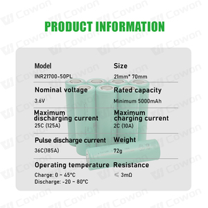 Hochleistungsfähige 125A 180A 3,7V 5000mAh Widerstand 3mΩ INR21700 50PL Wiederaufladbare zylindrische Li-Ion Lithium-Ionen 21700 Akkuzelle - Product Image 2