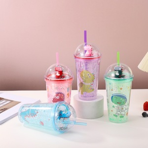 450ml Portable Blue Space Dinosaur <b>Plastic</b> <b>Straw</b> Tumbler with 3D Figurine and Glitter Decor for Kids Cold Beverages - Product Image 5