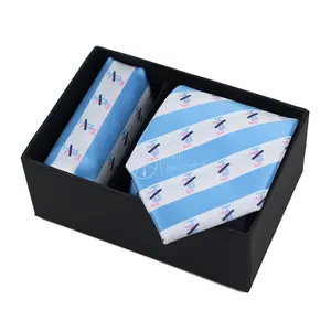 Fábrica de Alta Qualidade Azul Branco Listrado Lenço Personalizado Jack e Jill Logo Tie Box Set Presente para Homens