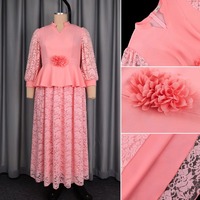 Set Rok Maxi Ukuran Besar ATP060665 Kerah Tegak Lengan Lentera Atasan Ruffle Bunga 3D + Rok Maxi Renda Set Pakaian Wanita 2 Potong