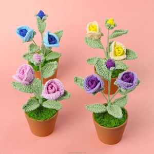 Plante artificielle en pot, fleurs tricotées à la main au crochet, roses pour la décoration de la maison, remise de diplôme, fête des pères, Halloween, haute qualité - Product Image 1