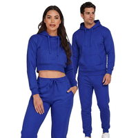 Ensemble jogging et sweat à capuche court pour femme bleu clair, décontracté, en molleton 100 % coton, écologique, respirant, couleur unie, manches longues, automne