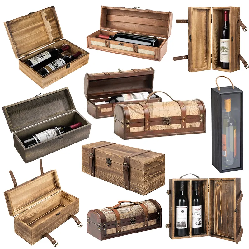 Custom different styles Vintage Gray Decorative Wooden Gift Box with Antique Brass Handle Wood Packing Wine box