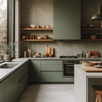 Lemari Dapur Modern Warna Hijau Zaitun dengan Pulau Dapur Kayu Alami, Set Kabinet Panel Datar Matt dengan Lampu LED & Rak Kayu Terbuka