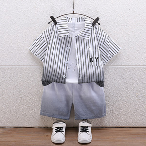 LURI 2025 Nouveauté Ensemble d'été décontracté trois pièces pour garçons, chemise à manches courtes rayée verticale et short en tissu peigné pour bébé - Product Image 4