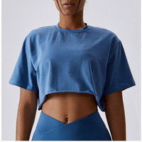 T-shirt court oversize à épaules tombantes pour femme, couleur unie, col rond, manches courtes, décontracté, coupe ample, pour le streetwear quotidien