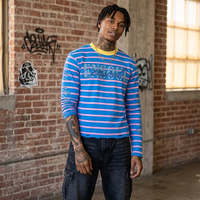 T-shirts pour hommes personnalisés à rayures, manches longues, style streetwear, 300 grammes, effet vieilli, col rond, imprimé numérique vintage