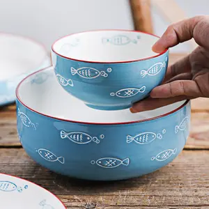 Hand-painted Fish Pattern Dinnerware 4.3 Inch Soups Rice Bowl Round Ceramic Serving Food Bowl Container For Household