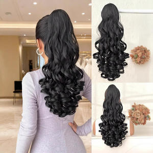 Extensions de cheveux synthétiques queue de cheval bouclée style romain noir, couleur 1B, résistantes à la chaleur, avec clip, marque Henan PY706 10 - Product Image 1