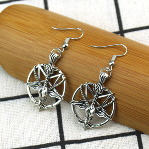 New Fashion Glamour Retro Women's <strong>Pentagram</strong> Pan God Skull <strong>Goat</strong> <strong>Head</strong> Pendant Black Silver Color Earrings Gothic Witch Jewelry - Product Image 5
