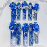 Faux ongles romantiques bleus roses pour mariage, longs et carrés, faits à la main, à presser, 10 pièces/ensemble, réutilisables, de haute qualité, avec fleurs 3D