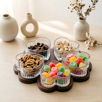 Plateau à collation en verre en forme de cœur créatif avec compartiments, pot de rangement alimentaire avec plateau en bois pour la décoration de la maison
