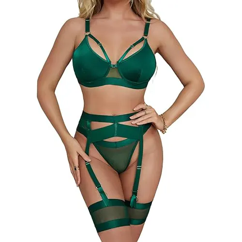 Kustom Logo berongga wanita pakaian dalam hijau wanita Bra bulu seksi set Lingerie seksi dengan Garter