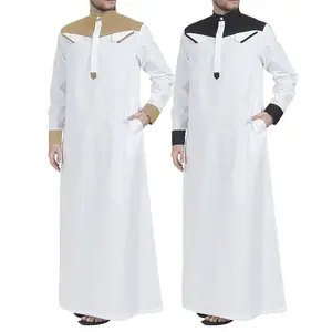 Thobe Muslim Size Pocket Men Islamic Clothing Solid Contrast Color Arab Design Dress Saudi Fashion Muslim Clothing