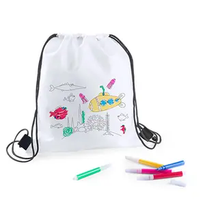 Mochila con cordón para niños de gran venta, bolsa con cordón agrupada no tejida pintada con grafiti DIY hecha a mano