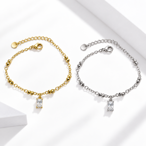 Rectangular Zircon Drop <b>Bracelet</b>, Stainless Steel with Faceted Metal <b>Beads</b>, Gold and <b>Silver</b> Colors - Product Image 1
