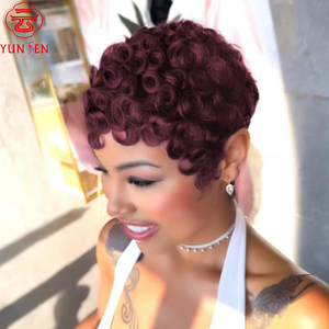 Peluca Corta Rizada sin Pegamento, Hecha a Máquina con Cabello Humano Remy Chino 100% Virgen, Construcción con Gorro Elástico, Fácil de Teñir en <span class=keywords><strong>Color</strong></span> <span class=keywords><strong>Vino</strong></span> Tinto para Mujeres - Product Image 3