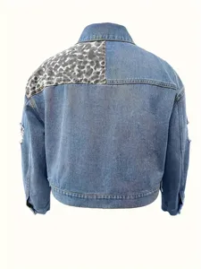 Abrigo vaquero de moda para mujer con estampado de leopardo, patchwork, manga larga, solapa rasgada y botonadura sencilla - Product Image 4