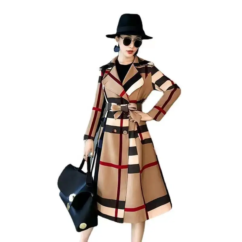 2022 Women's Designer Autumn and winter fashion warm classic plaid elegant trench coat for women