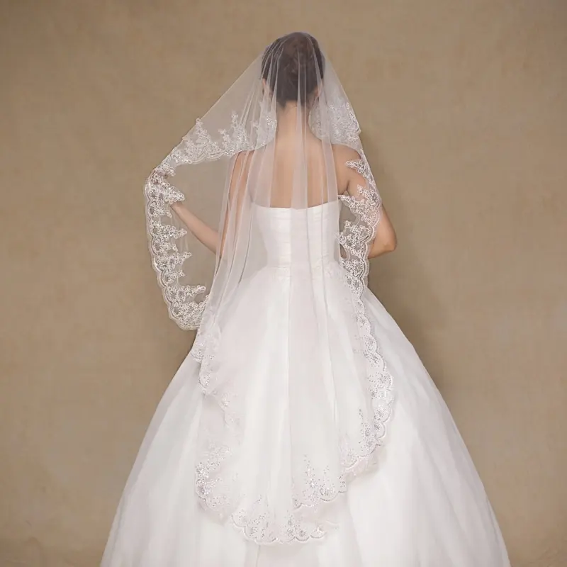 GENYA Factory Wholesale Bridal Hair Accessories Wedding Veils Flower Edge Bridal Veils Lace Cathedral Wedding Veil