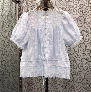 Nuove Bluse di Alta Qualità 2026 Stile Estivo Donna Sexy in <span class=keywords><strong>Tulle</strong></span> e Pizzo Patchwork Manica Corta Casual Bianche Blu Top Blusa Femminile - Product Image 1