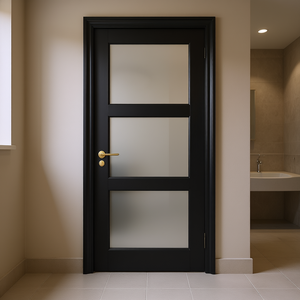 Porte intérieure française 3 vitres en verre dépoli, porte à panneau en MDF noir apprêté pour placard et salle de bain - Product Image 2