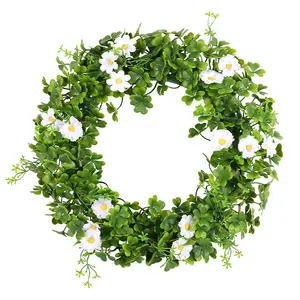 Artificial Four Leaf Clover Decoration 40cm Custom Wreath Green Wreath with White Flower for Front Door Plant Hanging Decor