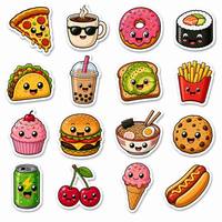 Hoja de pegatinas de comida de dibujos animados, estéticas, de pizza, café y sushi, de vinilo, resistentes a los rayos UV, holográficas e impermeables para agendas y cuadernos.
