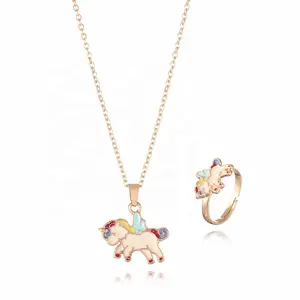 Unicorn Jewelry Set Zinc Alloy Enamel Cute Little Girl Necklace Ring Jewelry Set Children's Jewelry Necklace Gift