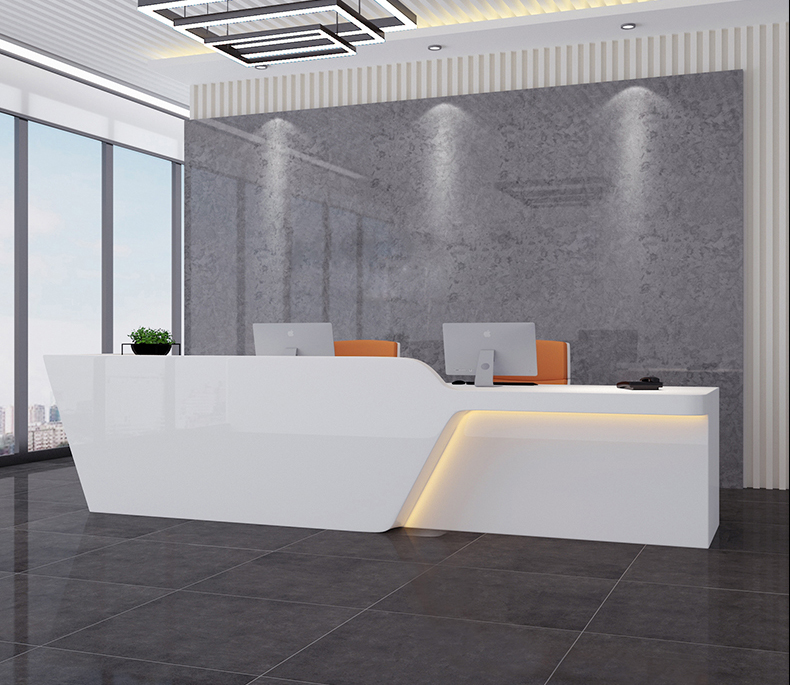 OEM Blanc Droite en forme de bureau meubles hôtel restaurant caissier led comptoir de réception réception