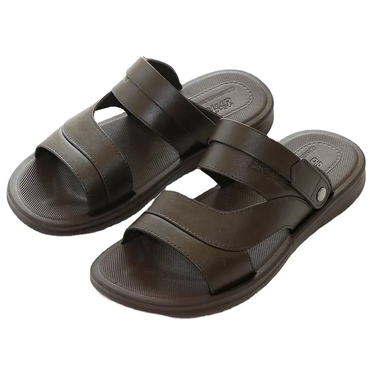2023 Factory Latest New Arrival Wholesale Custom Slide Leather Beach Branded Black Sandal For Men
