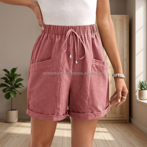 Shorts décontractés pour femmes en lin/coton respirant, couleur unie, taille haute élastique, coupe ample, écologiques, pour l'été - Product Image 3