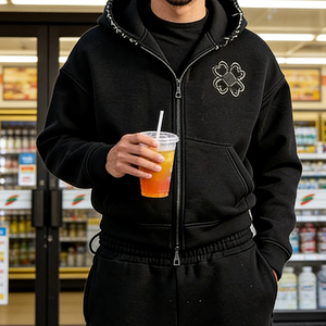 Ensemble de survêtement décontracté pour <span class=keywords><strong>homme</strong></span> avec broderie de logo personnalisé, sweat à capuche noir 100 % coton coupe ample et pantalon de jogging zippé intégral – Fabricant - Product Image 3