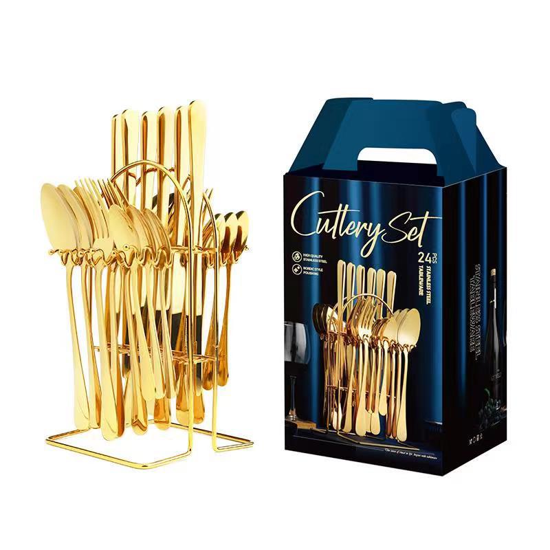 Amazon Best Selling Stainless Steel Knife Fork Spoon Set 24pcs Gold Flatware with Luxury Stand