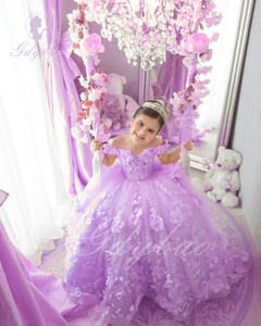 Vestido <span class=keywords><strong>de</strong></span> Niña <span class=keywords><strong>de</strong></span> las Flores Morado para Boda, Hombros Descubiertos, Largo hasta el Suelo, con Apliques 3D, Estilo Princesa, para Cumpleaños, Primera Comunión - Product Image 1