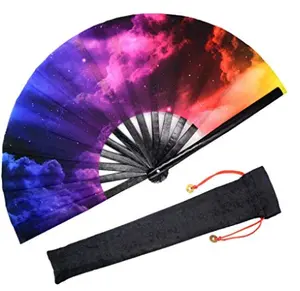 Large Bamboo Rave Festival Folding Hand Fan for Men/Women - Chinese Japanese Handheld Fan with Fabric Case for Dancing