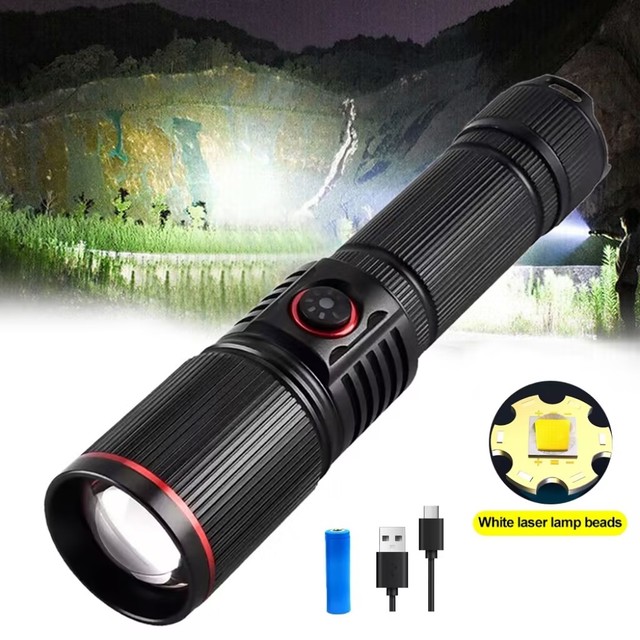 USB Rechargeable Aluminum Alloy High-Lumens White LED LEP Flashlight Super Bright Long Range 1000M+ Adjustable Beam Outdoor