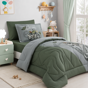 Juego de Ropa de Cama Infantil con Diseño de Motocicleta Vintage, Edredón Retro para Niños, Reversible, Verde Oliva y Gris, Decoración para Habitación Juvenil - Product Image 3