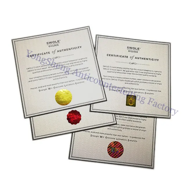 Custom watermark paper printed red hologram hot stamped certificate jewelry authenticity of certificate printing