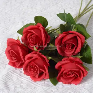 גבוהה באיכות משי פו גדול אדום ורדים בד פרח DIY חתונת בית קישוטי קטיפה ורדים מלאכותי עלה פרח
