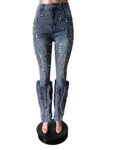 Jeans con fondo a campana di perle a vita alta alla moda <span class=keywords><strong>pantaloni</strong></span> in Denim con piume strappati strappati a gamba dritta - Product Image 4