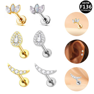 <b>Titanium</b> Plated Moon Stud Earrings 1.2x8mm For Ear Cartilage Piercing Unisex Jewelry With Crystal Inlay - Product Image 1