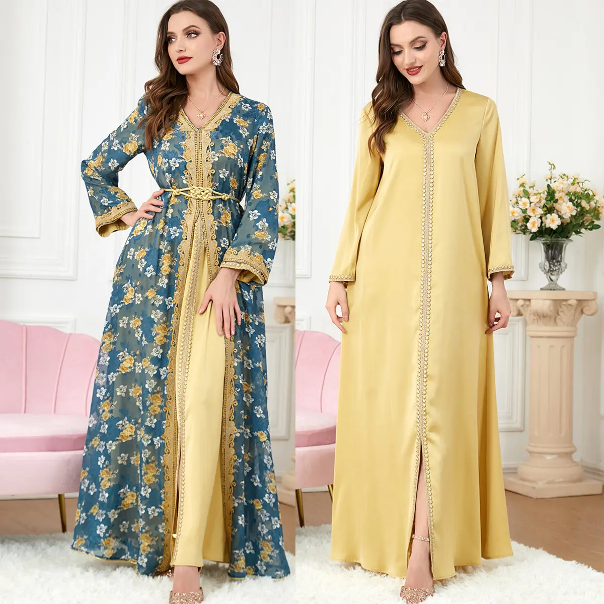 Großhandel Muslim Abaya Perlen Kaftan Kleid Marok kanisch bedruckte Frauen kleider Dubai Jilbab 2 Stück Set Bestickt Open Abaya