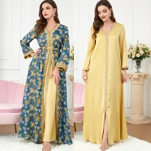 Wholesale Muslim Abaya Beaded Kaftan Dress Moroccan Printed Women Dresses Dubai Jilbab 2 Pieces Set Embroidered Open Abaya