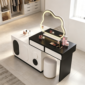 Modern White Luxury Wood Panel Makeup <b>Vanity</b> with Lighted Mirror and Storage Drawers - Product Image 5