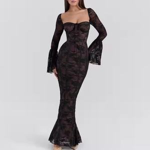 เดรสลูกไม้ฤดูใบไม้ร่วงแบบใหม่ ราคาถูก คุณภาพสูง แขนยาว คอเหลี่ยม เปิดหลัง ทรงเข้ารูป ยาวแบบแม็กซี่ สำหรับผู้หญิง - Product Image 1