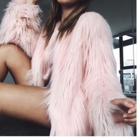 Femme automne hiver grande taille poilu sans col pardessus tendance chaud fausse fourrure vestes manteau