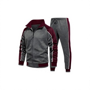 <b>Men's</b> Gray And <b>Burgundy</b> Tracksuit Set Full Length Color Blocking Sporty Style With Side Pockets Zipper Fly Polyester Cotton - Product Image 1