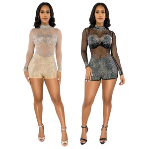 Diamond bling shiny playsuit tuta sexy strass mesh manica lunga body per le donne - Product Image 1