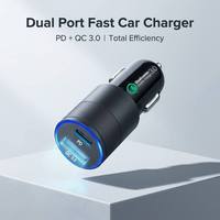 Mini chargeur de voiture double port PD20W QC18W USB-C PD USB-A QC3.0 avec anneau lumineux LED bleu, charge rapide 12V/24V, chargeur de téléphone universel pour voiture